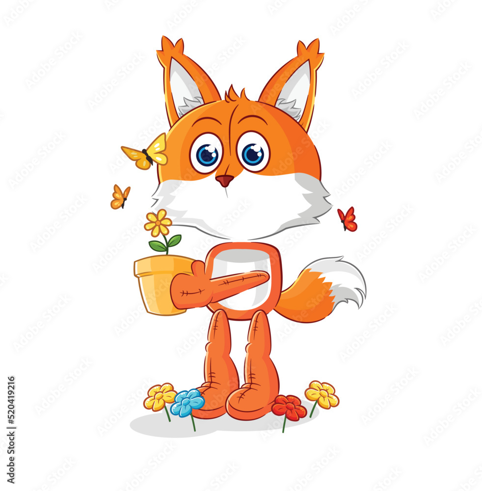 Fototapeta premium fox with a flower pot. character vector