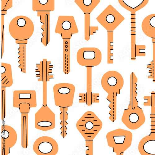 Background of different gold door keys. Hand drawn golden key set pattern. Home decoration illustration design