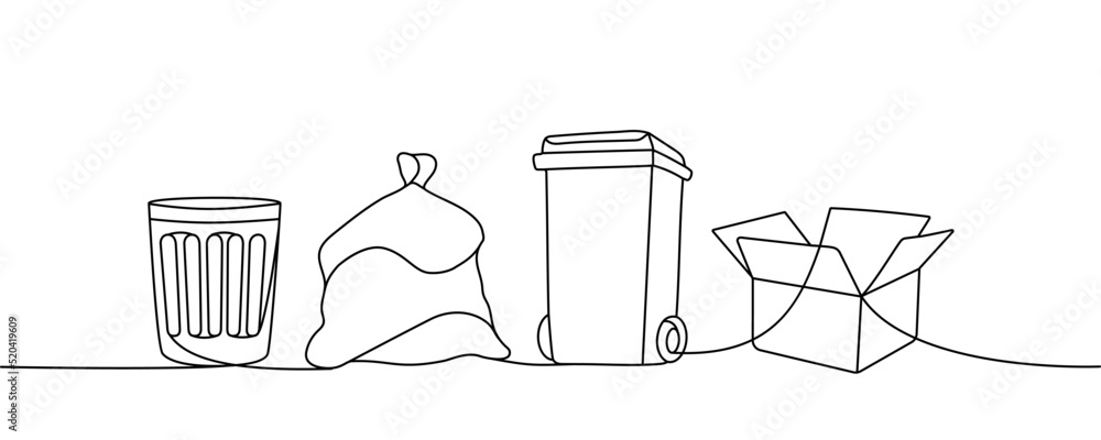 Set of garbage one line continuous drawing. Rubbish, trash can, garbage ...