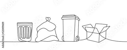 Set of garbage one line continuous drawing. Rubbish, trash can, garbage bag, recycle bin, carton box continuous one line set illustration.