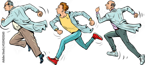 scientists run, scientific research. Doctors in white coats. Sports and health, anxiety and speed