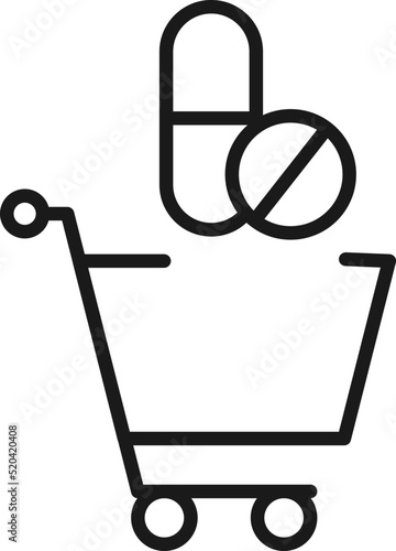 Selling, purchase, shopping concept. Vector sign suitable for web sites, stores, shops, articles, books. Editable stroke. Line icon of medication in shopping cart