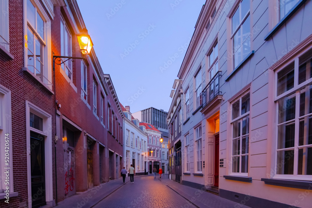 Fototapeta premium Cityscape small northern european city. Stone street with old houses and buildings. Breda, Netherlands
