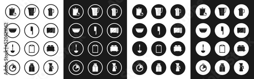 Set Teapot, Meat chopper, Bowl, Cooking and kitchen timer, Microwave oven, Measuring cup, Toaster with toasts and Kitchen ladle icon. Vector