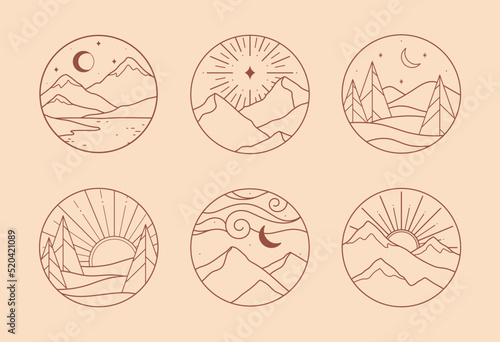 Vector linear boho emblems with abstract mountain landscapes.Travel logos with mountains,aurora lights,sea or lake,sun and sunburst,moon and stars.Modern hike,camp or glamping resort labels