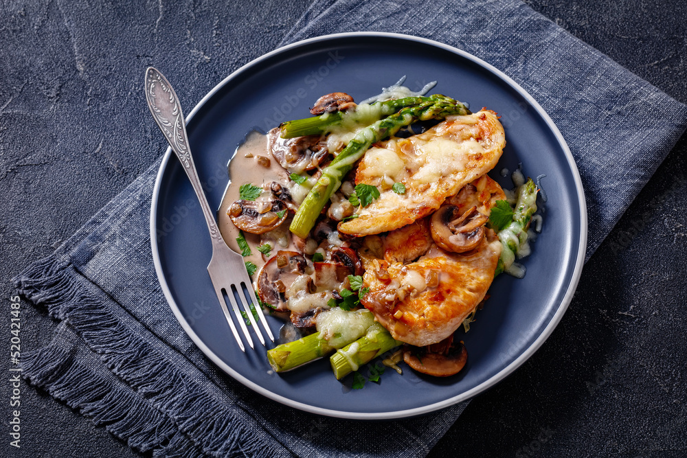 Chicken Madeira served on plate, top view Chicken Madeira served on plate, top view