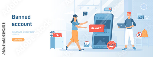 Blocking, banned user account on social media. Error, Access is denied. Account safety and secure. Flat concept great for social media promotional material. Website banner on white background.