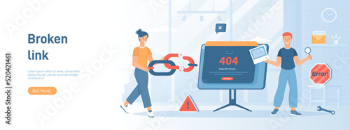 Broken link. Error - Page not found 404, Go back. Link to empty non existent page. Flat concept great for social media promotional material. Website banner on white background.