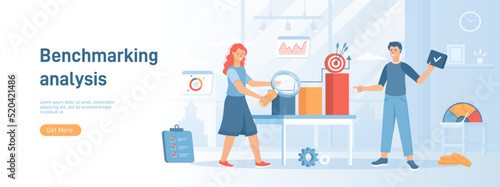 Benchmarking. Analysis of a leader competitor's company. Business development and improvement. Flat concept great for social media promotional material. Website banner on white background.