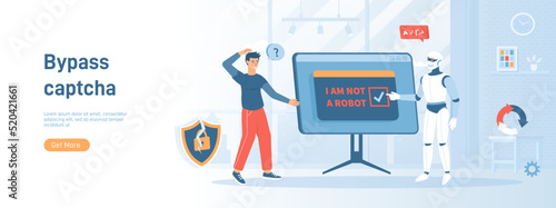 Bypass Captcha, Anti Captcha, Solving service, AI. Robot clicking on captcha - I am not a robot. Flat concept great for social media promotional material. Website banner on white background.
