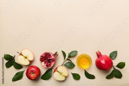 Εκτύπωση καμβά Flat lay composition with symbols jewish Rosh Hashanah holiday attributes on colored background, Rosh hashanah concept