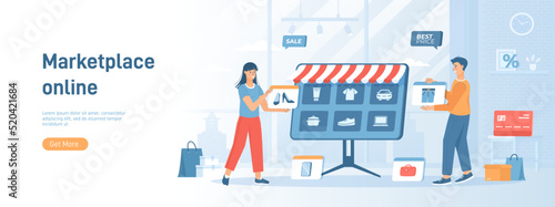 Marketplace Online e-commerce Store. Sellers post their products on a trading platform. Flat concept great for social media promotional material. Website banner on white background.