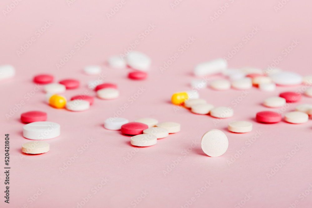 Many different colorful medication and pills perspective view. Set of many pills on colored background Many different colorful medication and pills perspective view. Set of many pills on colored background