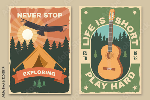 Set of camping poster, banner. Vector illustration. Concept for shirt or logo, print, stamp or tee. Vintage typography design with guitar, camping climber, tent, mountain and forest silhouette.