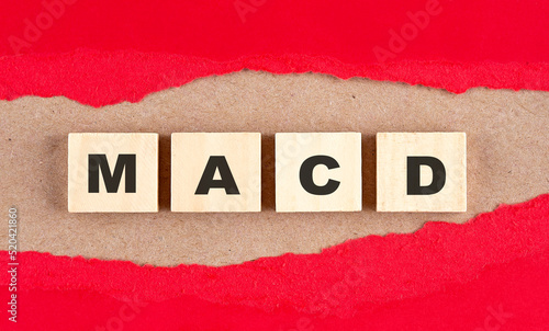 MACD - Moving Average Convergence Divergence word on wooden cubes on red torn paper , financial concept background