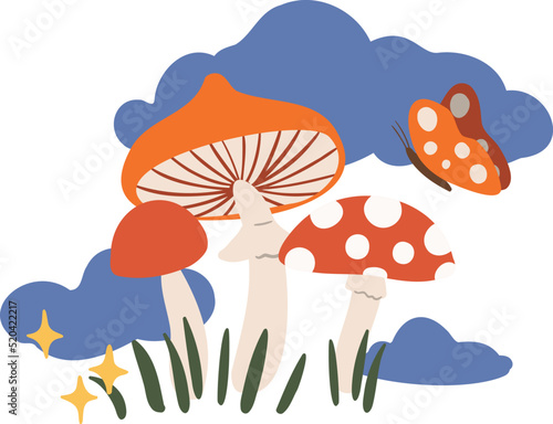 Set of retro illustrations with mushrooms, red flowers clipart, Groovy vector compositions with clouds, sun, moon, stars, rainbows, mountains in flat style clip art. photo