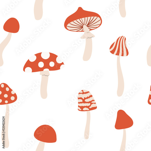 Seamless pattern with retro mushrooms, Digital paper with mushrooms, Endless backgrounds with red mushrooms, Groovy vector illustration clipart.