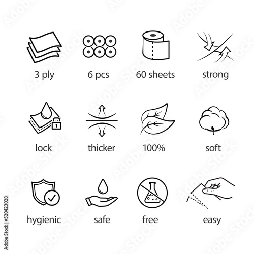 Icons for absorbent material set. Vector illustration. Perfect for kitchen towel, napkin, tissues, pads, baby diapers and etc. Stroke sign, easy change. EPS10.	
