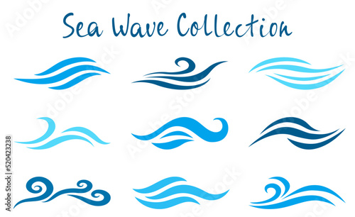 Sea wave collection. Marine elements vector illustration. Ocean wave icon set. Sea wave surfing logo design. Fluid water motion, blue flowing wavy elements. Sailing teal emblems. Water stream concept.