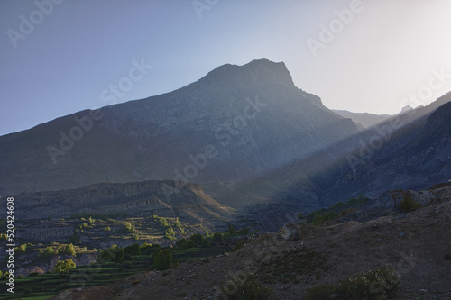 Green terraces under morning sunbeams in Himalayas