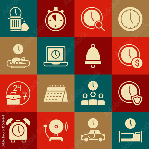 Set Time to sleep, Clock with shield, is money, Magnifying glass clock, Laptop time, Food, Waste of and Ringing bell icon. Vector
