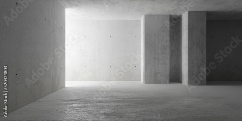 Abstract large, empty, modern concrete room, indirect light from the left, double pillar and rough floor - industrial interior background template