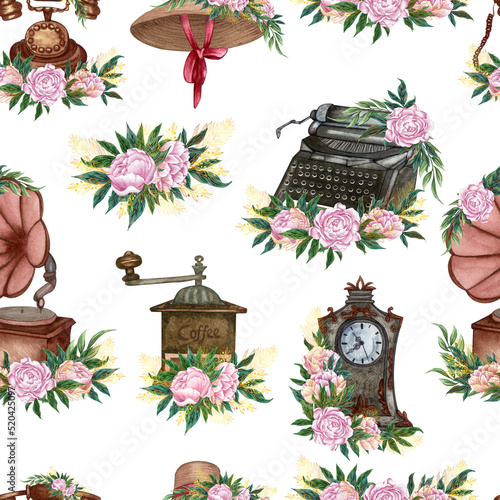 Watercolor seamless pattern with vintage elements. pink roses bush hand paint. old booka with flowers photo