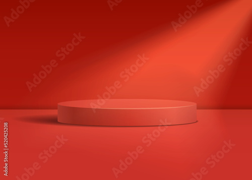Red cylinder pedestal podium. Realistic vector rendering 3d shape. Studio room concept with podium and spotlight minimal wall scene