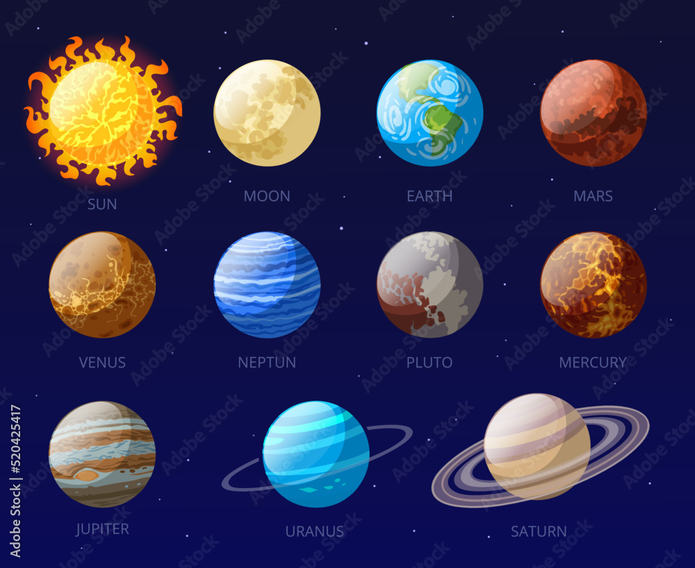 Cartoon solar system planets, venus, mercury, sun and moon. Space ...