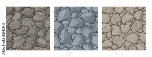 Cartoon granite rock stones texture seamless patterns. Sidewalk, floor tiles sidewalk pattern vector symbols illustration set. Rock granite texture backdrops