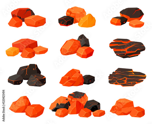 Burning coal, glowing charcoal, flaming smoking embers. Cartoon burning coals, barbecue fireplace hot flaming charcoal vector illustration set. Smoldering coal bundle