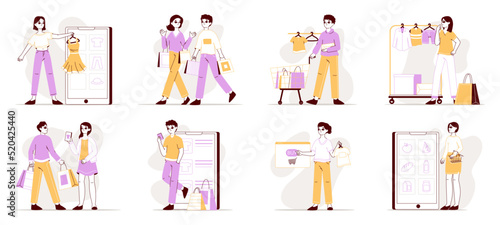 Offline and online purchases, shopping people choosing food or clothes. Online mobile shopping customers and retail store buyers flat vector illustration set. Shopping characters collection