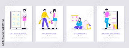 Flat shopping people, online purchase, internet shop customers. Digital purchase mobile app, customers online shopping outline vector illustration. Online shopping posters