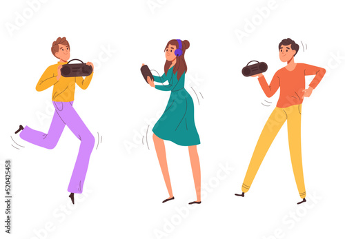 Cartoon male and female dancers, characters enjoying disco party. Dancing people, happy men and women moving to music vector illustration set. Flat dancing people