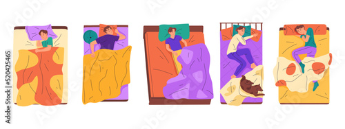 Cartoon sleeping men, resting male characters in beds. Bedtime scenes, young guys sleeping in beds under blankets flat vector symbols illustration set. Asleep people collection