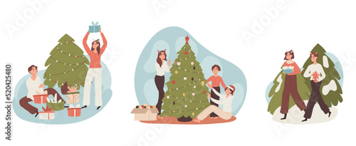 Christmas eve, winter holiday celebrating people. Xmas party event preparation, family and friends winter activities cartoon flat illustration set. Happy celebrating characters