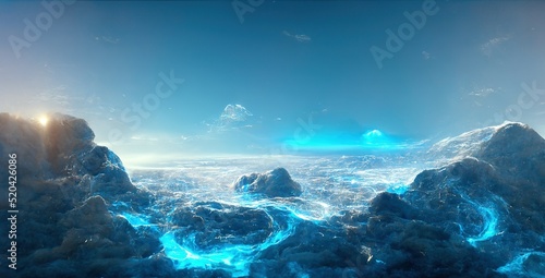 Amazing futuristic magical landscape. Streams and rivers flow down the slopes of mountains and rocks into the valley. 