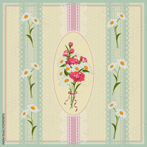 Square frame pattern with daisy, carnation flowers, lace, light yellow polka dots background. Vector illustration 