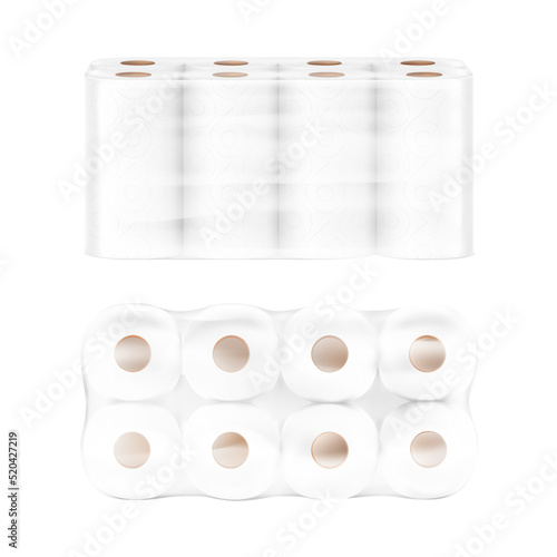 Kitchen towels package mockup. Vector illustration isolated on white background. Front and up view. Can be use for template your design, presentation, promo, ad. EPS10.