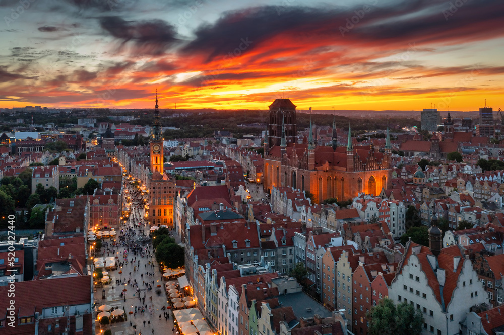 Beautiful architecture of the Main Town of Gdansk at sunset. Poland