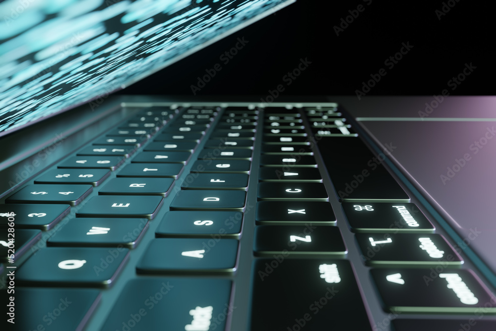 Half-closed laptop illuminated by the monitor and surrounding colorful neon lights Half-closed laptop illuminated by the monitor and surrounding colorful neon lights