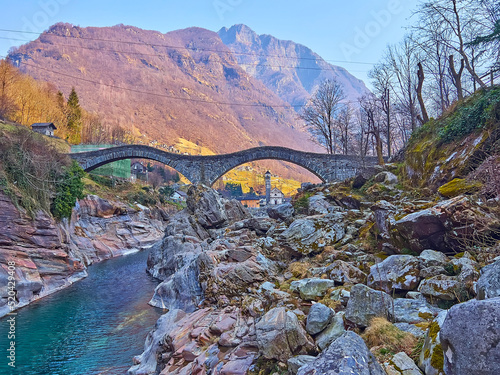 The Salt Bridge and Pizzo di Vogorno mount, Lavertezzo, Valle Verzasca, Switzerland photo
