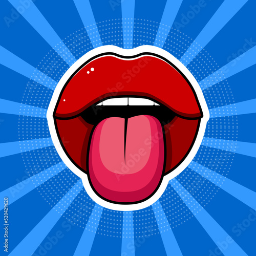 Pop art sticker mouth red lips. abstract retro background. Vector illustration.