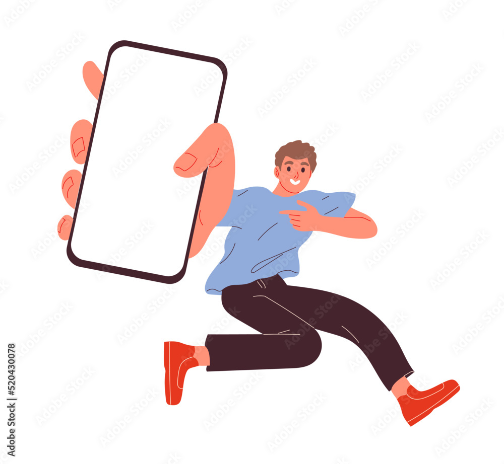Man jumping with mobile phone, mobile app on white screen Man jumping with mobile phone, mobile app on white screen