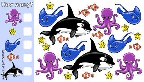 Counting educational children game, math kids activity sheet. Count how many sea animals. Vector illustration in cartoon style.