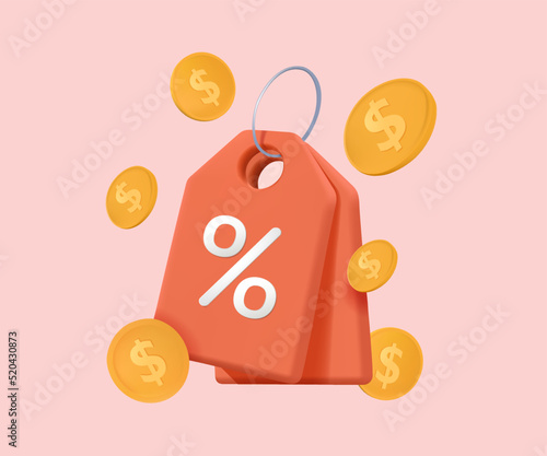 Discount coupon with percentage sign flying money. Cashback voucher for special offers and sale advertising. Save money