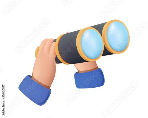 Spyglass 3D vector icon. Binoculars vector illustration, Hands holding binoculars, big eyes looking forward through