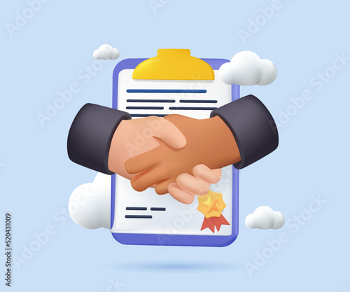 Vector illustration, handshake. Conclusion of business 3D contract, successful partnership, cooperation. Online document