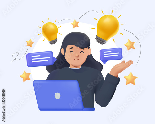 Business Marketing illustration. Woman taking part in business activities. 3D render Trendy vector style. Business