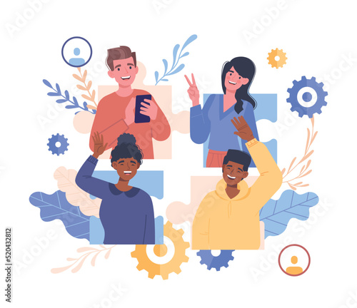 New team members. Men and women communicate on Internet or social networks. Remote workers on video conference welcome newcomers. Company expansion metaphor. Cartoon flat vector illustration